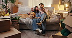 New home, talking and couple with dog on sofa for moving, rental apartment and homeownership. Real estate, property and happy man, woman and pet bonding for relocation, mortgage and house investment