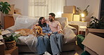 Moving, sofa and couple with dog in new home, apartment and celebrate for house investment. Real estate, property and happy man, woman and pet with high five for relocation, mortgage or homeownership