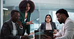 Business, people and talking with laptop in office for accounting, finance report and feedback. Staff, discussion and pc for teamwork, company performance and review proposal for financial investment