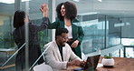 High five, glass and happy people with laptop in meeting for deal, report or winning. Business, success or employees celebrate in office for teamwork, company goal or profit for financial investment
