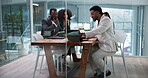Business, people and meeting with laptop in office for accounting, finance report and feedback. Staff, discussion and pc for teamwork, company performance and review proposal for financial investment