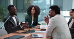 Applause, meeting and teamwork with business people in office for planning, agreement and trading deal. Support, asset partnership and thank you with employees in agency for praise and discussion