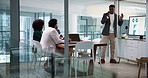 People, talk and meeting on screen in office of accounting, financial report and review budget. Staff, explain and team for finance graphs, sales charts and stats for funding pitch of risk assessment