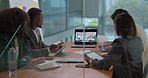 Video conference, laptop screen and business people in office for meeting, virtual discussion and networking. Company, corporate and workers on computer for communication, online webinar and contact