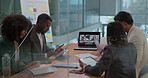 Video call, team and business people on laptop in meeting, virtual discussion and conference. Boardroom, corporate and workers on digital tech for communication, online webinar and contact in office