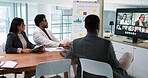 Business, team or people with online webinar for finance campaign, budget forecasting or strategy. Financial marketing, screen and group with video conference in office for data analysis and planning