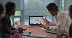 Video call, laptop screen and business people in office for meeting, virtual discussion and conference. Boardroom, corporate and workers on computer for communication, online webinar and contact