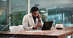 Business, man and laptop with phone call in office for discussion, planning and finance report. Male accountant, mobile and pc for information, contact feedback and review budget for investment offer