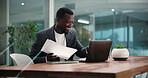 Documents, research and laptop with business black man in office for market forecast, trading and review. Account manager, broker planning and report with person in agency for revenue and profit