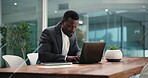 Thinking, research and laptop with business black man in office for market forecast, trading and idea. Account manager, broker planning and report with person in agency for revenue and reflection