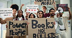 Students, rally and face of people with poster for protest, demonstration and human rights. Gun violence, school shooting and portrait of group for government change, justice and weapon safety