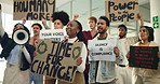 Woman, sign and group with protest for climate change, solidarity and voice for sustainability. People, speaker and crowd chant with poster for ecology crisis with power, support and global warming