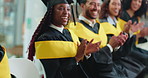 Applause, education and graduation with students at ceremony for achievement, milestone or success. Crowd, motivation and smile of graduate friends clapping at college or university event for future