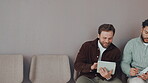 Hiring, people or tablet with notes in waiting room for interview tips, preparation or internship. Recruitment, discussion or candidates in row with application help, online resume or job information