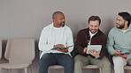 Recruitment, people or tablet with notes in waiting room for interview tips, job info and planning. Hiring process, questions and men in row with application help, opportunity and internal vacancy