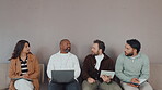 Hiring, row and people with discussion in waiting room for interview tips, job info and networking. Recruitment, tech and candidates with application notes, internship questions and vacancy on mockup