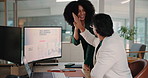 Computer screen, collaboration and high five with business people in office for growth or strategy. Goals, success and target with employee team in workplace at night for achievement or milestone