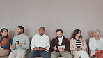 Technology, waiting and business people in office for job interview, meeting or recruitment process. Mockup space, talking and group of corporate candidates for hiring or onboarding in workplace.