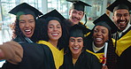 Selfie, graduation and students at university for celebration, achievement or education success. Happy, friends and portrait of people with photography picture for memory together at college campus.
