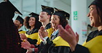Graduation, applause and group of people at university ceremony for success, education or praise. College, announcement and students clapping for congratulations, celebration and award accomplishment
