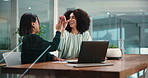 High five, laptop and laughing with business people in office for growth, strategy or success. Computer, goals and milestone with happy employee team in workplace at night for achievement or target