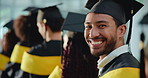 Students, happy man and face at event for graduation, academic achievement or peers applause. University, person and line at award ceremony for acknowledgement, milestone or excited for development