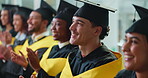 Applause, graduation and smile of students at ceremony for achievement, milestone or success. Crowd, education and motivation with graduate friends clapping at college or university event for future