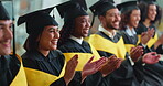 Applause, education and graduation with friends at ceremony for achievement, milestone or success. Crowd, motivation and smile of graduate students clapping at college or university event for future