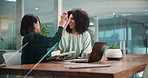 Women, high five and team with tablet at office for success, motivation and solution at company. Business people, partner and tech with laptop, goals and happy with celebration at insurance agency