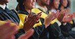 Graduation, clapping hands and people at university ceremony for success, education or praise. College, graduate and happy students applause for achievement, group celebration or award accomplishment