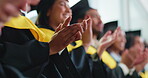 Graduation, applause and hands of people at university ceremony for success, education or praise. College, graduate and students clapping for achievement, group celebration or award accomplishment