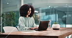 Business woman, laptop and typing in corporate office for email, thinking and online as correspondent. African person, technology and director of content strategy and communication writing a response