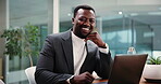 Face, happy and black man with laptop in office as accountant, finance report and auditing. Portrait, male person and about us with pc, financial planning and budget information of investment company