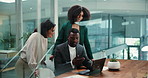 Teamwork, office and business people on laptop in meeting for online report, finance review and feedback. Corporate, professional and man with women on computer for research, investment and budget