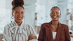 Face, office and businesswomen with collage, smile or confidence in creative agency. Happy black people, about us and proud employees laughing in administration for team, career ambition or portrait