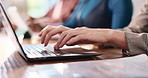 Office, typing and hands of woman on laptop for online report, article review and copywriting. Creative agency, professional and business person on computer for editing, research and website blog