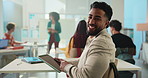 Student, man and face in classroom with tablet, smile and research project in exam hall at college. Portrait, happy and person with digital tech, confidence and assessment for education or university