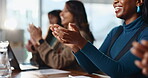 Hands, applause and business woman with colleagues, praise or motivation at creative workshop. Clapping, audience or person with coworkers for success, support or achievement at a design seminar