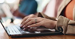 Journalism, typing and hands of woman on laptop for online report, article review and copywriting. Creative agency, professional and business person on computer for editing, writing and website blog