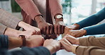 Fist bump, circle and hands of business people in office for teamwork, collaboration and support. Professional, startup company and workers together for solidarity, cooperation and partnership