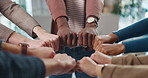 Fist bump, hands and business people in office for teamwork, collaboration and support. Professional, startup company and workers with synergy in circle for solidarity, cooperation and partnership