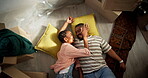 Relax, couple and talking on floor of new home for property purchase, mortgage success and security. Above, laughing and black people with conversation in house for bonding, relocation and moving in