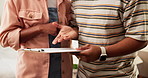 Couple, hands and discussion with clipboard for inventory, checklist or insurance policy in home. Closeup, man and woman with documents, form or survey for house compliance or assurance in apartment