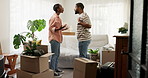 Moving in, boxes or couple with argument in new home for cargo mistake, inventory damage or angry. Frustrated, black people and fight for furniture shipping error, lost items and property relocation