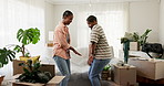 Dancing, happy and black couple in new home for bonding, care and listening to music together. Energy, connection and African man with woman for moving to radio for celebration of property investment