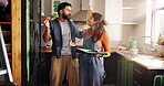 Couple, idea and smile with painting for kitchen renovations, upgrade and maintenance. New home, people and happy for diy, makeover and decoration decision with creative homeowner and art tools