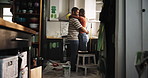 Black couple, dance and smile with kitchen for home renovations, upgrade and bonding. New house, paint supplies and people happy for makeover with fun, support and care with teamwork for love and diy