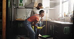 Painting, help and remodeling with black couple in kitchen for renovation, diy project and bonding. Home impairment, property development and painter with man and woman in house for support and color
