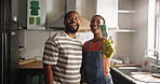 Face, paint brush and black couple in kitchen, smile and relationship with support, love and help. African people, home and man with woman, tools and bonding together with property interior and diy