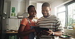 Painting, kitchen and black couple on tablet in home for inspiration, renovation ideas and planning. Interior design, remodeling and man and woman on tech for diy, creative project and decor website